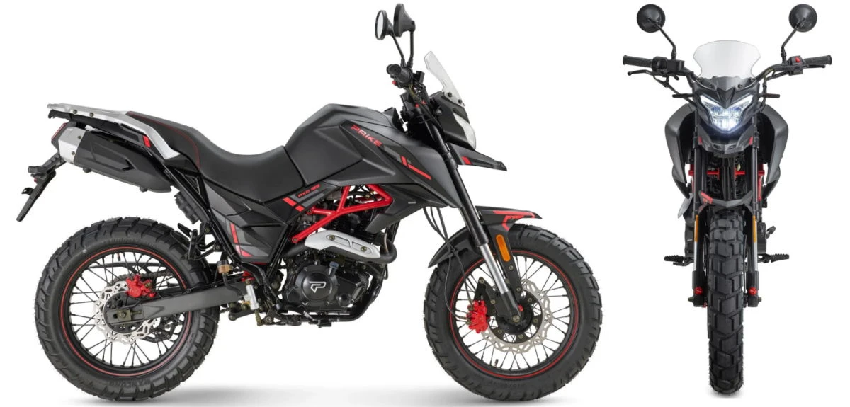 Une moto Prike PXA 125 Adventure vue de face et de profil