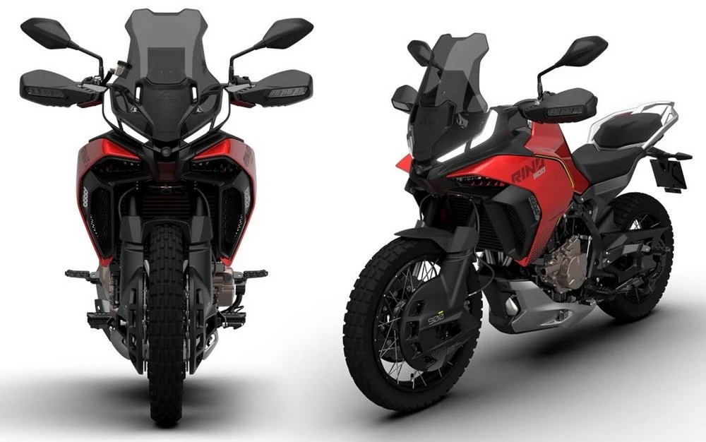 Une moto QJ Motor 900 Rino Adv rouge vue de face et vue de 3/4.