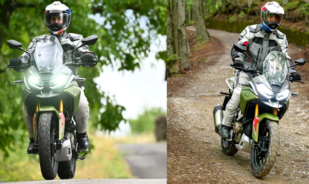 Une moto TVS RTX 300 sur une route, dans la foret, un motard en tenue trail grise et un casque bleu blanc rouge Shoei Hornet.