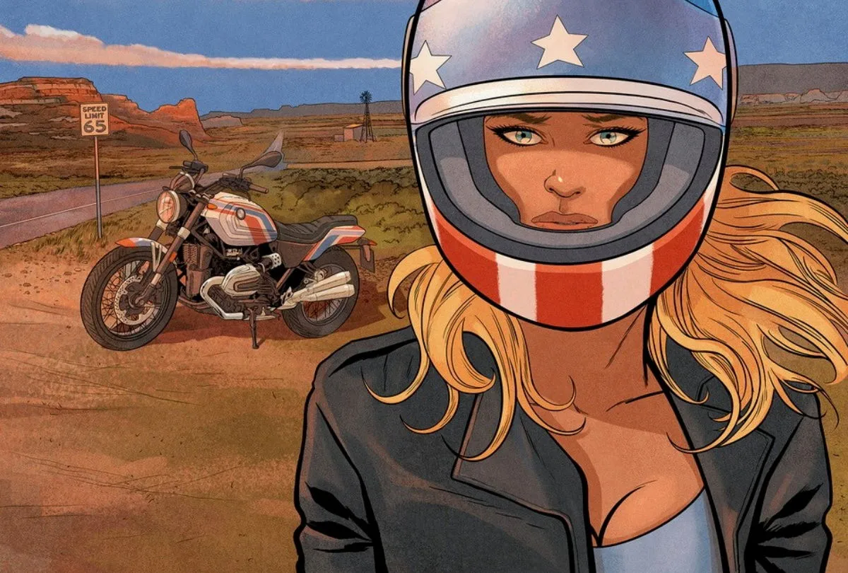 La pochette d'album "Mortel Rodeo" avec Julie Wood et la BMW R 12.
