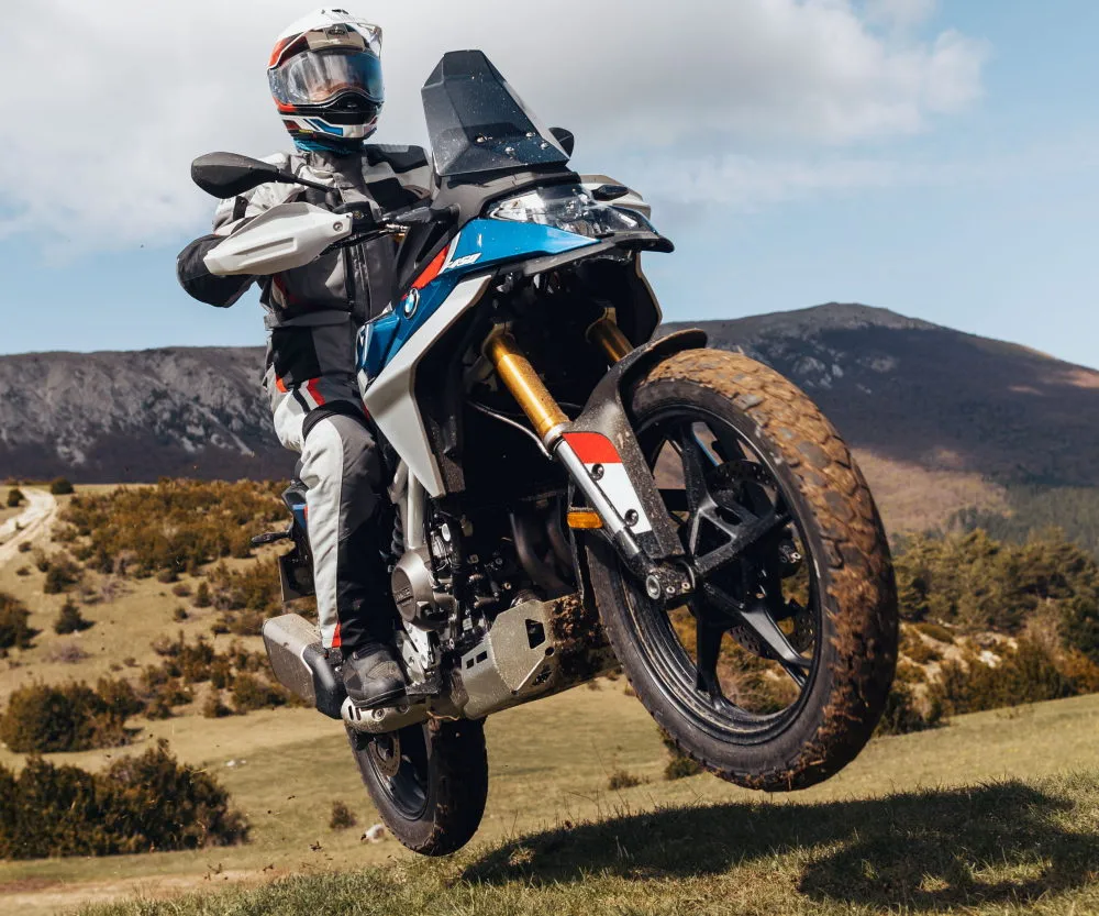 Une BMW F 450 GS bleu blanc et rouge et un paysage montagneux