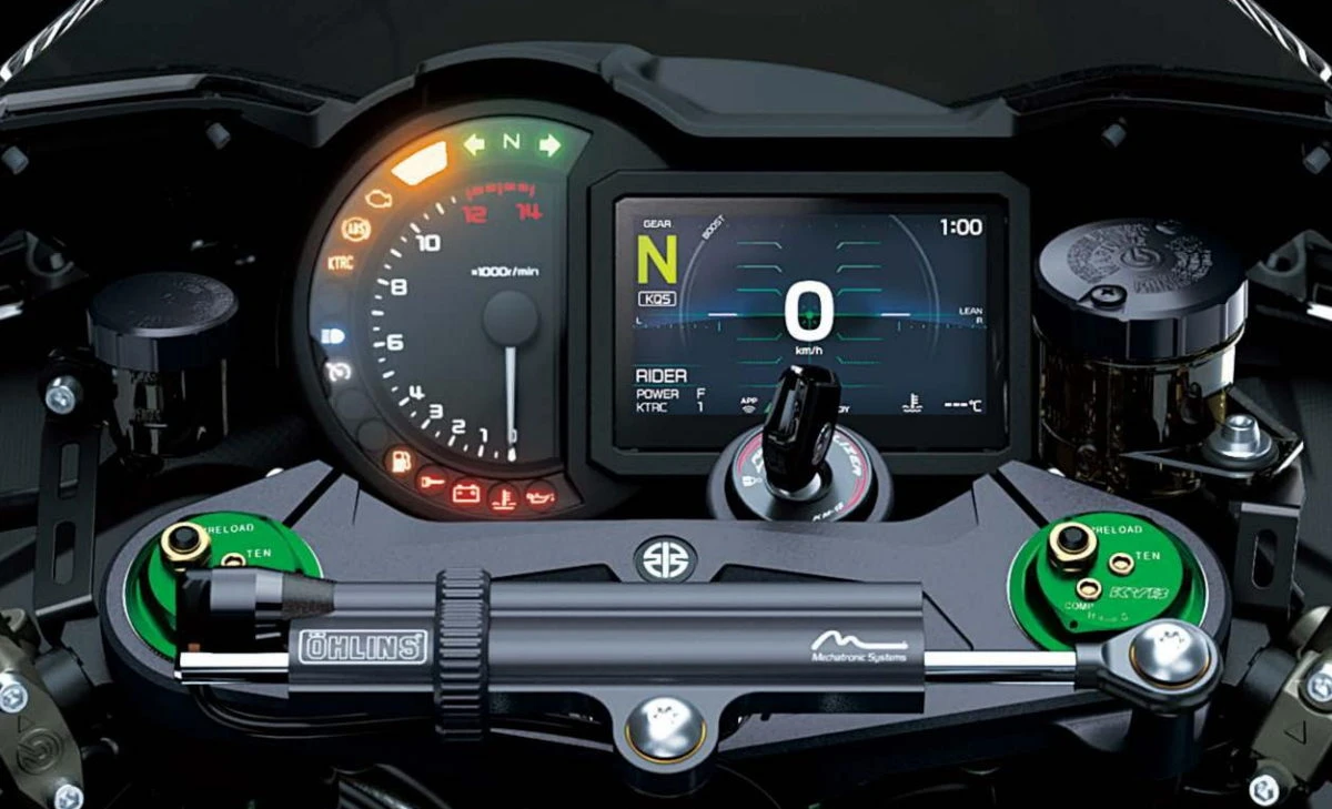 Le tableau de bord, le té de fourche et l'amortisseur Öhlins de la moto Kawasaki Ninja 1000 H2 2027