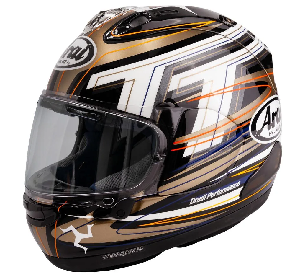 Vue avant du casque Arai RX-7V Evo IoM TT 2026