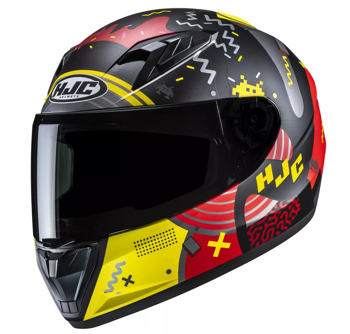 Un casque HJC Y10 avec une décoration noire, jaune et rouge