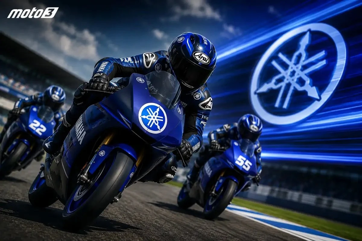 3 motos de course Yamaha, le logo Yamaha aux 3 diapasons et des traits de lumière bleus