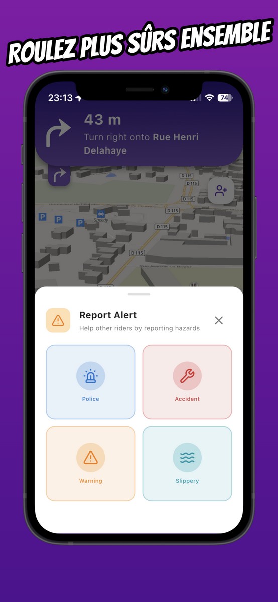 La aplicación Vroom GPS permite enviar alertas mediante los botones de acceso rápido