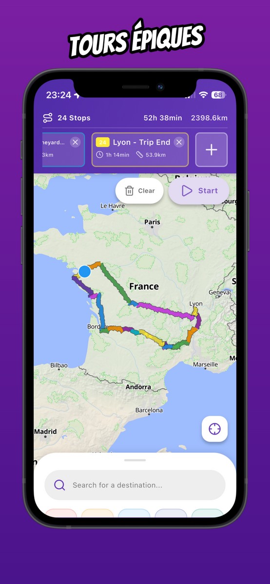 La aplicación Vroom GPS con un recorrido que pasa por Lyon y luego por Burdeos para vivir aventuras épicas