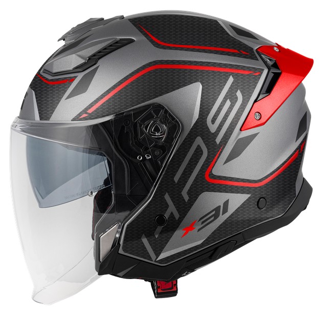 Un casco Jet GIVI X31 gris y rojo