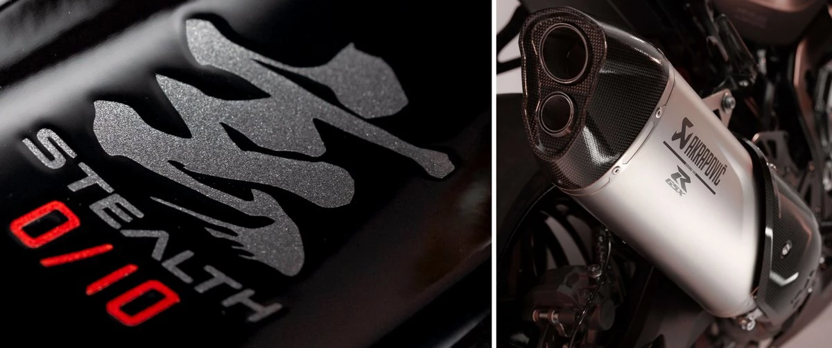 Un symbole japonais, le mot Stealth, le numéro 01/10 et un échappement Akrapovic