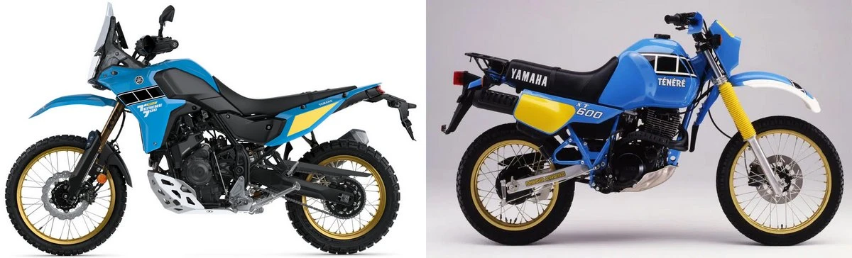 La Yamaha Ténéré 700 Rally 2025 et sa grand-mère 600 Ténéré de 1983.