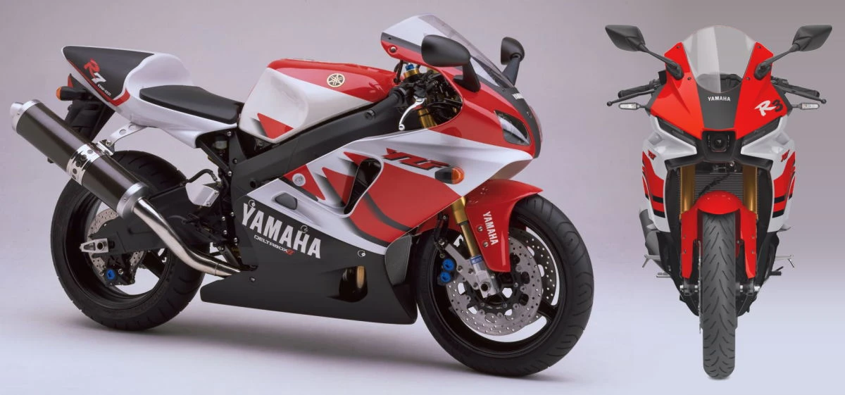 Une Yamaha YZF-R7 750 et la face avant d'une Yamaha R3 en coloris 70ème anniveraire.