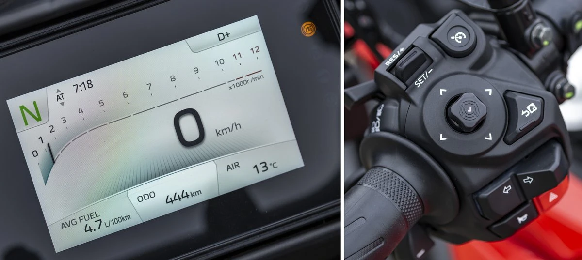 L'écran couleur et les boutons de contrôle au guidon de la Yamaha Tracer 7 2026
