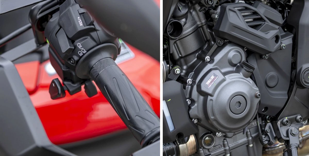 La poignée gauche sans levier d'embrayage et le coté gauche du moteur d'une Yamaha Tracer 7 Y-AMT